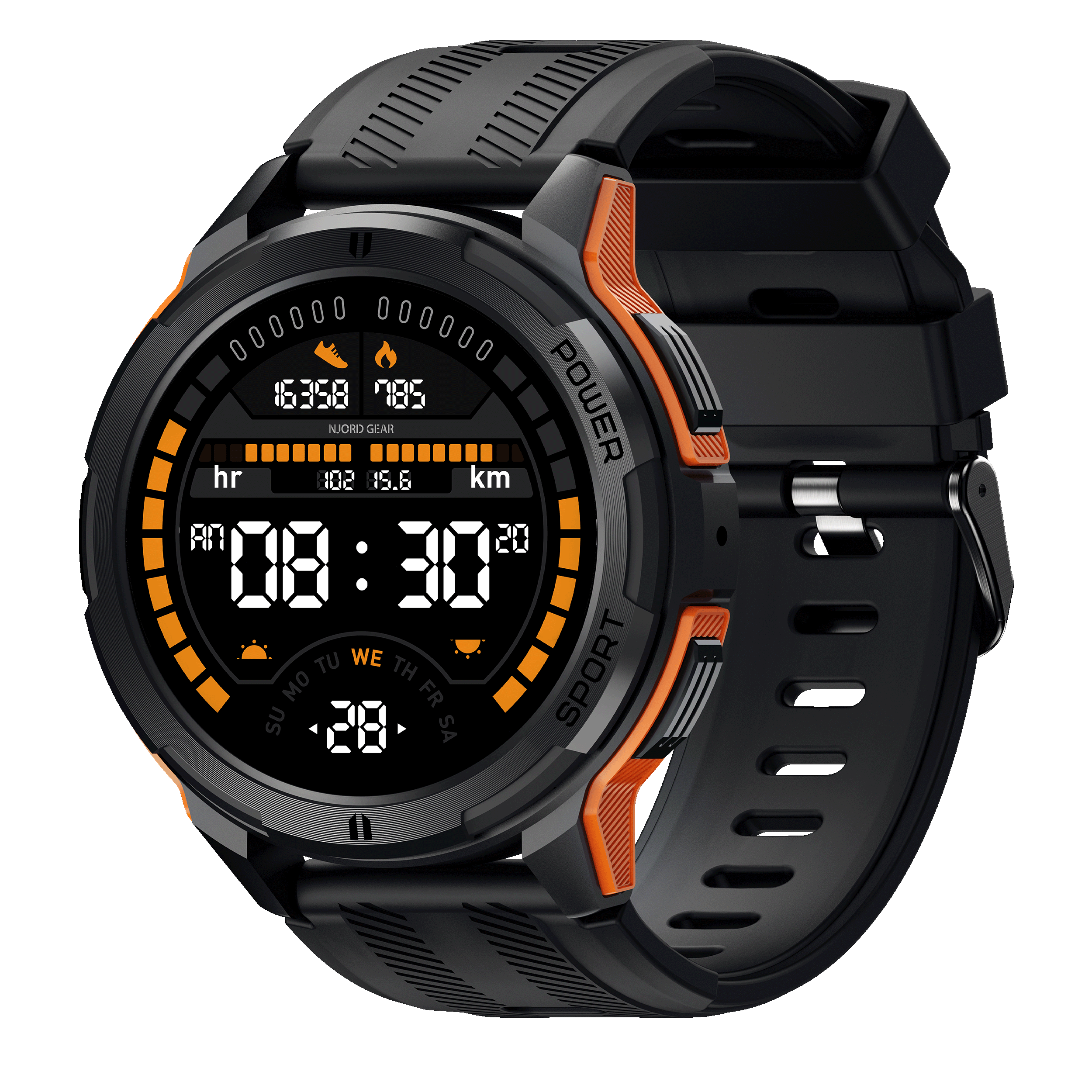 Smartwatch with digital display, black and orange design, showing time, date, steps, and distance tracked.