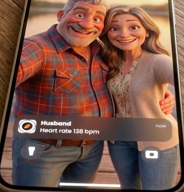 Her phone: a notification from the Njord app reading Husband, heart rate 138 bpm