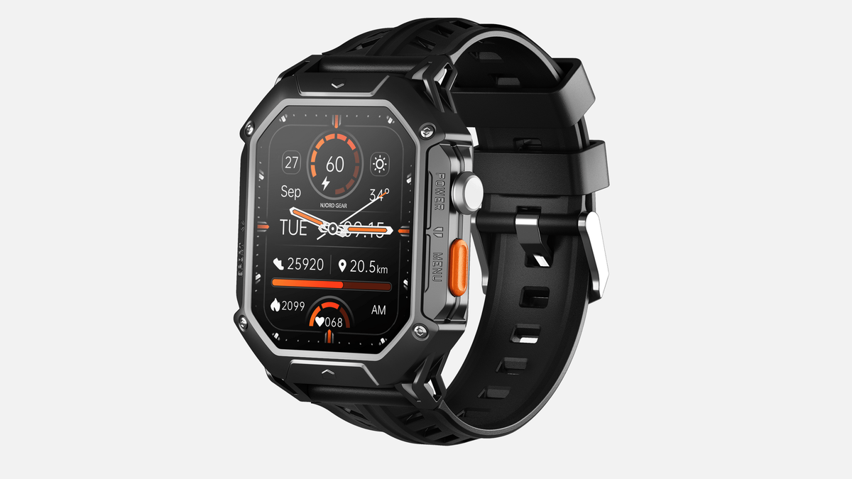 The Njord APEX smartwatch with a black silicone strap