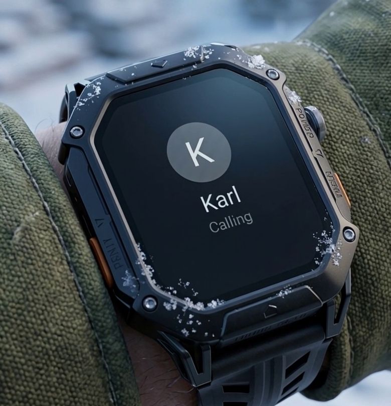 The APEX on his gloved wrist, calling Karl